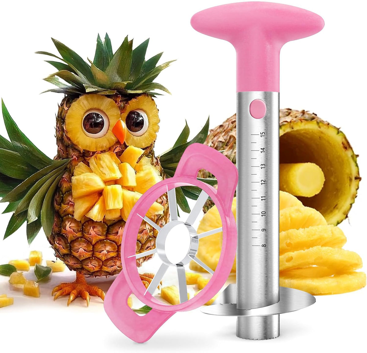 Pineapple Corer Cutter, Stainless Steel Fruit Peeler Slicer - Upgraded, Reinforced Thicker Blade, Core Remover with Measure Mark, Kitchen Tool for Diced Pineapple Rings