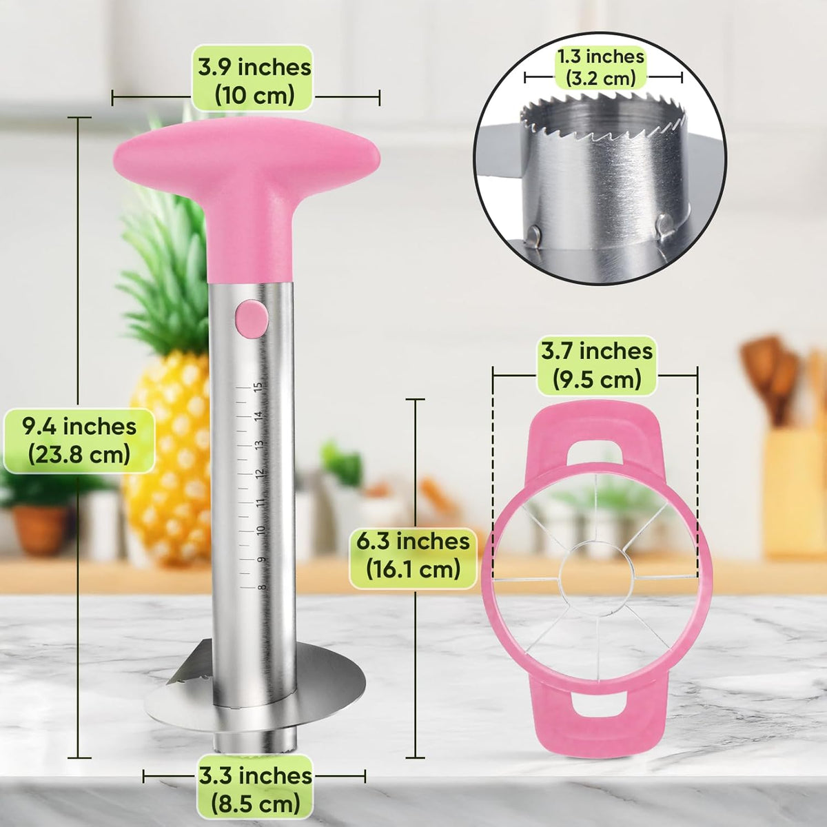 Pineapple Corer Cutter, Stainless Steel Fruit Peeler Slicer - Upgraded, Reinforced Thicker Blade, Core Remover with Measure Mark, Kitchen Tool for Diced Pineapple Rings