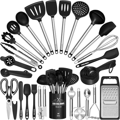 Thickened Kitchen Utensils Set- Silicone Cooking Utensils Set for Nonstick Cookware-Silicone Spatulas Set, Heavy Duty Stainless Steel Handle-Black Kitchen Gadgets Tools Set