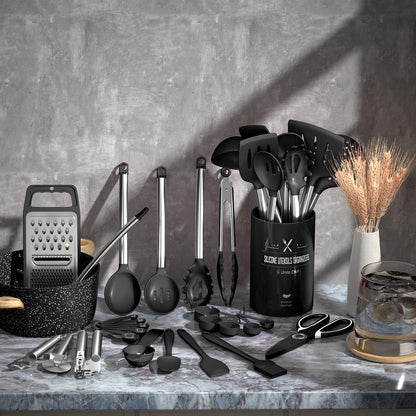 Thickened Kitchen Utensils Set- Silicone Cooking Utensils Set for Nonstick Cookware-Silicone Spatulas Set, Heavy Duty Stainless Steel Handle-Black Kitchen Gadgets Tools Set