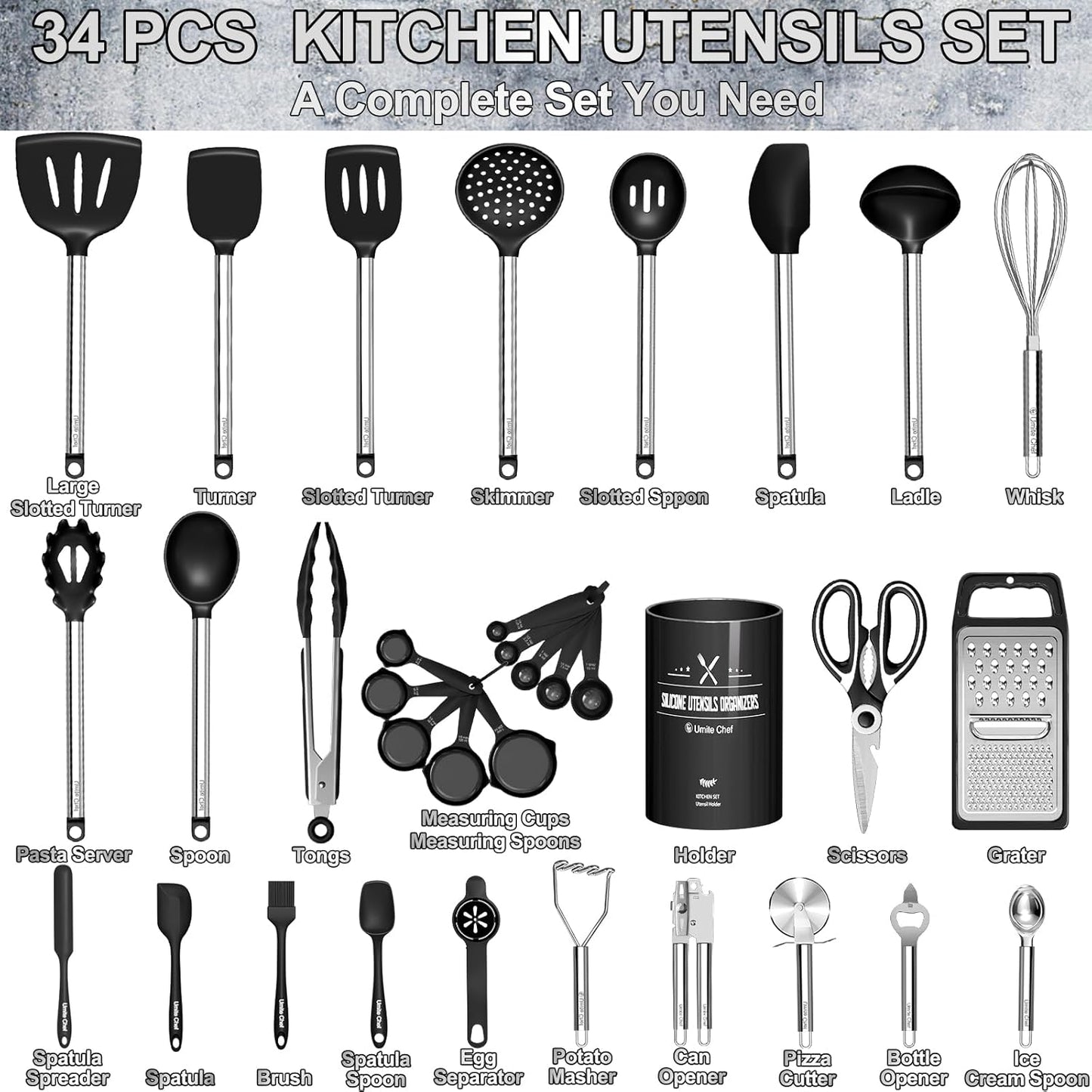 Thickened Kitchen Utensils Set- Silicone Cooking Utensils Set for Nonstick Cookware-Silicone Spatulas Set, Heavy Duty Stainless Steel Handle-Black Kitchen Gadgets Tools Set