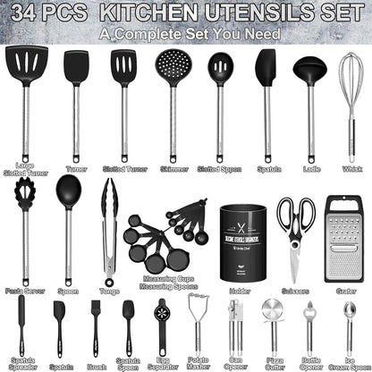 Thickened Kitchen Utensils Set- Silicone Cooking Utensils Set for Nonstick Cookware-Silicone Spatulas Set, Heavy Duty Stainless Steel Handle-Black Kitchen Gadgets Tools Set