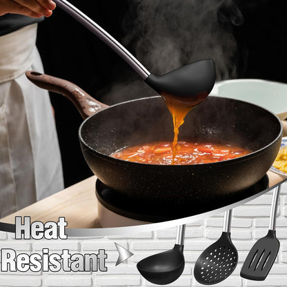 Thickened Kitchen Utensils Set- Silicone Cooking Utensils Set for Nonstick Cookware-Silicone Spatulas Set, Heavy Duty Stainless Steel Handle-Black Kitchen Gadgets Tools Set