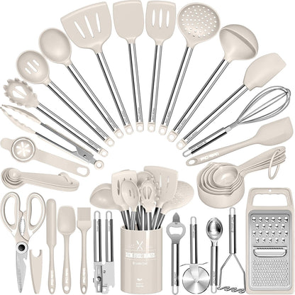 Thickened Kitchen Utensils Set- Silicone Cooking Utensils Set for Nonstick Cookware-Silicone Spatulas Set, Heavy Duty Stainless Steel Handle-Black Kitchen Gadgets Tools Set