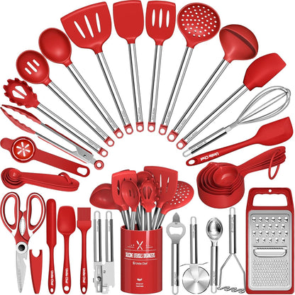Thickened Kitchen Utensils Set- Silicone Cooking Utensils Set for Nonstick Cookware-Silicone Spatulas Set, Heavy Duty Stainless Steel Handle-Black Kitchen Gadgets Tools Set