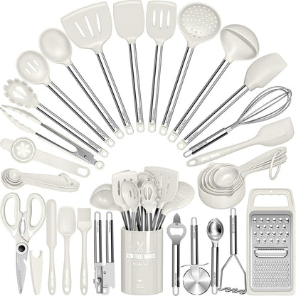 Thickened Kitchen Utensils Set- Silicone Cooking Utensils Set for Nonstick Cookware-Silicone Spatulas Set, Heavy Duty Stainless Steel Handle-Black Kitchen Gadgets Tools Set