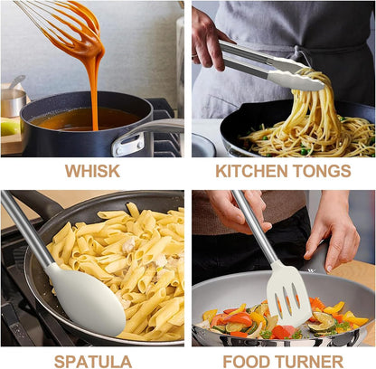 Thickened Kitchen Utensils Set- Silicone Cooking Utensils Set for Nonstick Cookware-Silicone Spatulas Set, Heavy Duty Stainless Steel Handle-Black Kitchen Gadgets Tools Set