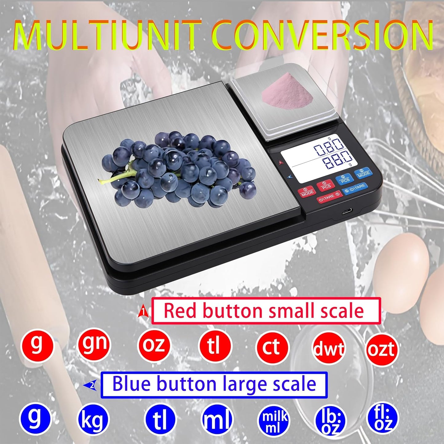 Stainless Steel Dual Platform Digital Kitchen and Food Scale, with Two Precision 1g/0.05oz & 0.01g/0.0005oz, Max Capacity 22lb/10kg, Tare Function, Units Conversions, LCD with Backlit