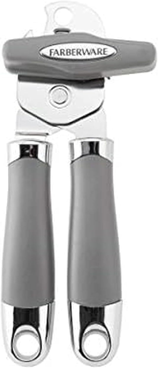 Pro2 Manual Can Opener with Bottle Opener, Jewel Grey - Large Easy-Turn Knob, Ergonomic Handle, Sharp Durable Blades for Smooth Effortless Opening