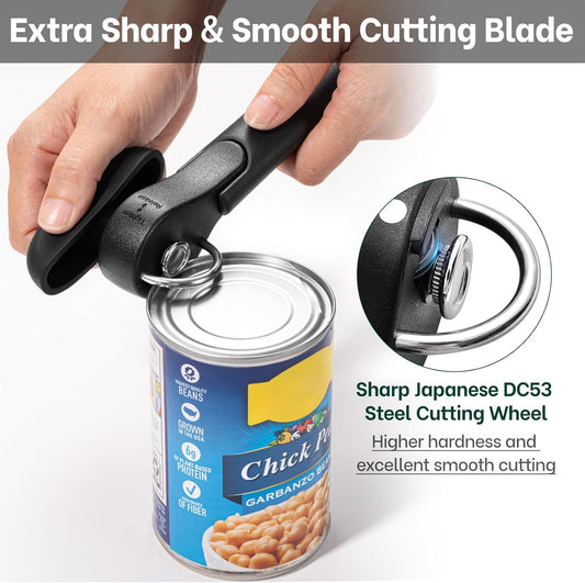 Side Cut Manual Can Opener, Smooth Cut with No Sharp Edges, Black | Premium Sharp DC53 Steel Blade, Soft Non-Slip Grip & Effortless Easy-Turn Knob