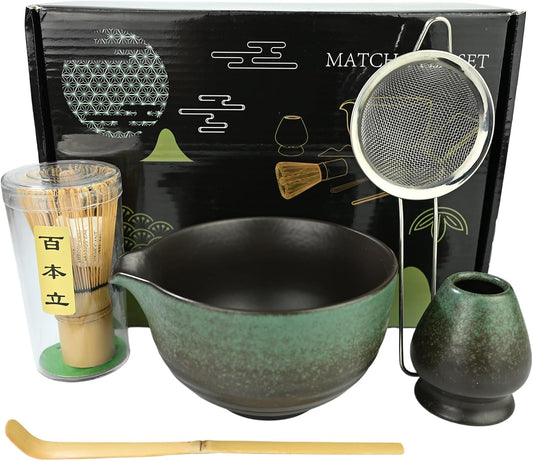 Matcha Whisk Set,Matcha Set Includes Ceramic Bowl with Spout,Stainless Sifter,Scoop,Whisk and Holder,Complete 5 Pcs Japanese Matcha Kit Making Tools,Green