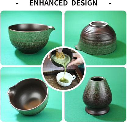 Matcha Whisk Set,Matcha Set Includes Ceramic Bowl with Spout,Stainless Sifter,Scoop,Whisk and Holder,Complete 5 Pcs Japanese Matcha Kit Making Tools,Green