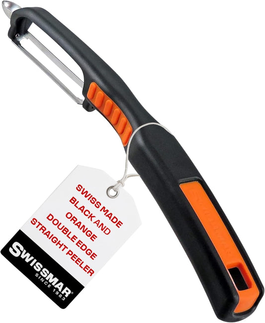 Swiss Non-Slip Double Edge Straight Peeler - Easy-Grip Stainless Steel Peeler - Versatile Kitchen Tool, Ideal for Potato Peeler, Veggie Peeler & more - Black & Orange