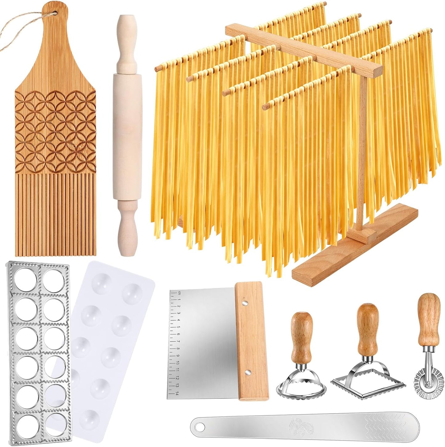 9 Pcs Pasta Making Tool Set Include 1 Bamboo Drying Rack 1 Ravioli Press 1 Gnocchi Board 1 Cutter 1 Rolling Pin 1 Filling Spoon 3 Ravioli Stamp for Pasta Maker
