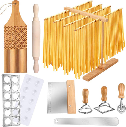 9 Pcs Pasta Making Tool Set Include 1 Bamboo Drying Rack 1 Ravioli Press 1 Gnocchi Board 1 Cutter 1 Rolling Pin 1 Filling Spoon 3 Ravioli Stamp for Pasta Maker