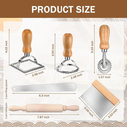9 Pcs Pasta Making Tool Set Include 1 Bamboo Drying Rack 1 Ravioli Press 1 Gnocchi Board 1 Cutter 1 Rolling Pin 1 Filling Spoon 3 Ravioli Stamp for Pasta Maker