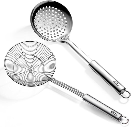 Spider Strainer Skimmer Ladle 2 Pieces, Stainless Steel Kitchen Skimmer Slotted Spoons for for Straining Pasta/Cooking/Frying, Kitchen Utensils Wire Strainer Pasta Spoon