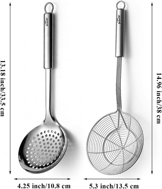 Spider Strainer Skimmer Ladle 2 Pieces, Stainless Steel Kitchen Skimmer Slotted Spoons for for Straining Pasta/Cooking/Frying, Kitchen Utensils Wire Strainer Pasta Spoon