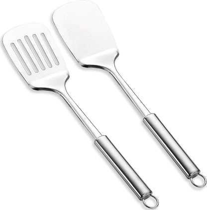 Stainless Steel Spatulas Set, Silver Slotted Turner, Solid Turner, Heavy Duty Sturdy Kitchen Spatula High Heat Resistant, Ideal Cookware for Fish,Eggs,Pancakes, Dishwasher Safe, Easy to Clean