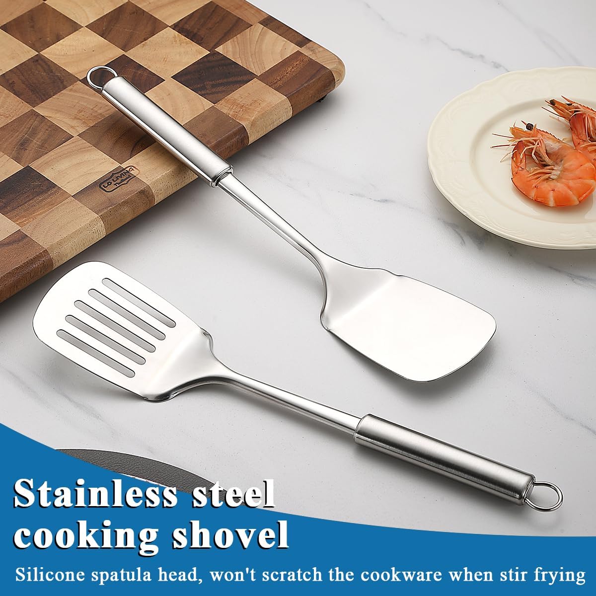 Stainless Steel Spatulas Set, Silver Slotted Turner, Solid Turner, Heavy Duty Sturdy Kitchen Spatula High Heat Resistant, Ideal Cookware for Fish,Eggs,Pancakes, Dishwasher Safe, Easy to Clean