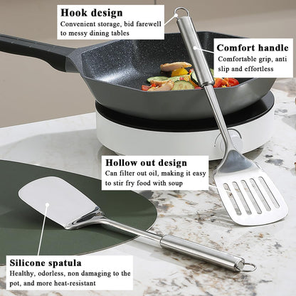 Stainless Steel Spatulas Set, Silver Slotted Turner, Solid Turner, Heavy Duty Sturdy Kitchen Spatula High Heat Resistant, Ideal Cookware for Fish,Eggs,Pancakes, Dishwasher Safe, Easy to Clean