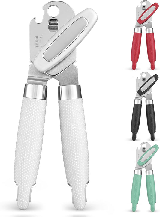 Heavy Duty Stainless Steel Can Opener Manual with Large Bottle Opener - Manual Can Opener with Turn Knob with Soft Grip Handles - White