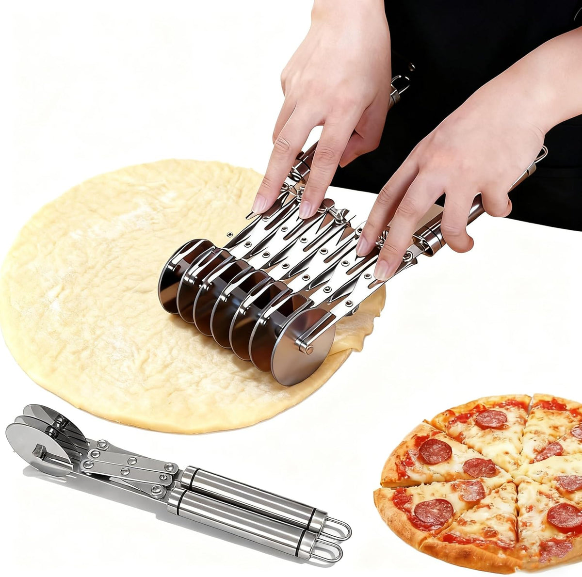 Wheel Pastry Cutter, Adjustable Pasta Cutter with Handle, Stainless Steel Dough Slicer for Noodles, Pizza, Brownies, Pie Crust, Multi-Tool for Baking & Cooking (3 Roller)