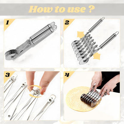 Wheel Pastry Cutter, Adjustable Pasta Cutter with Handle, Stainless Steel Dough Slicer for Noodles, Pizza, Brownies, Pie Crust, Multi-Tool for Baking & Cooking (3 Roller)