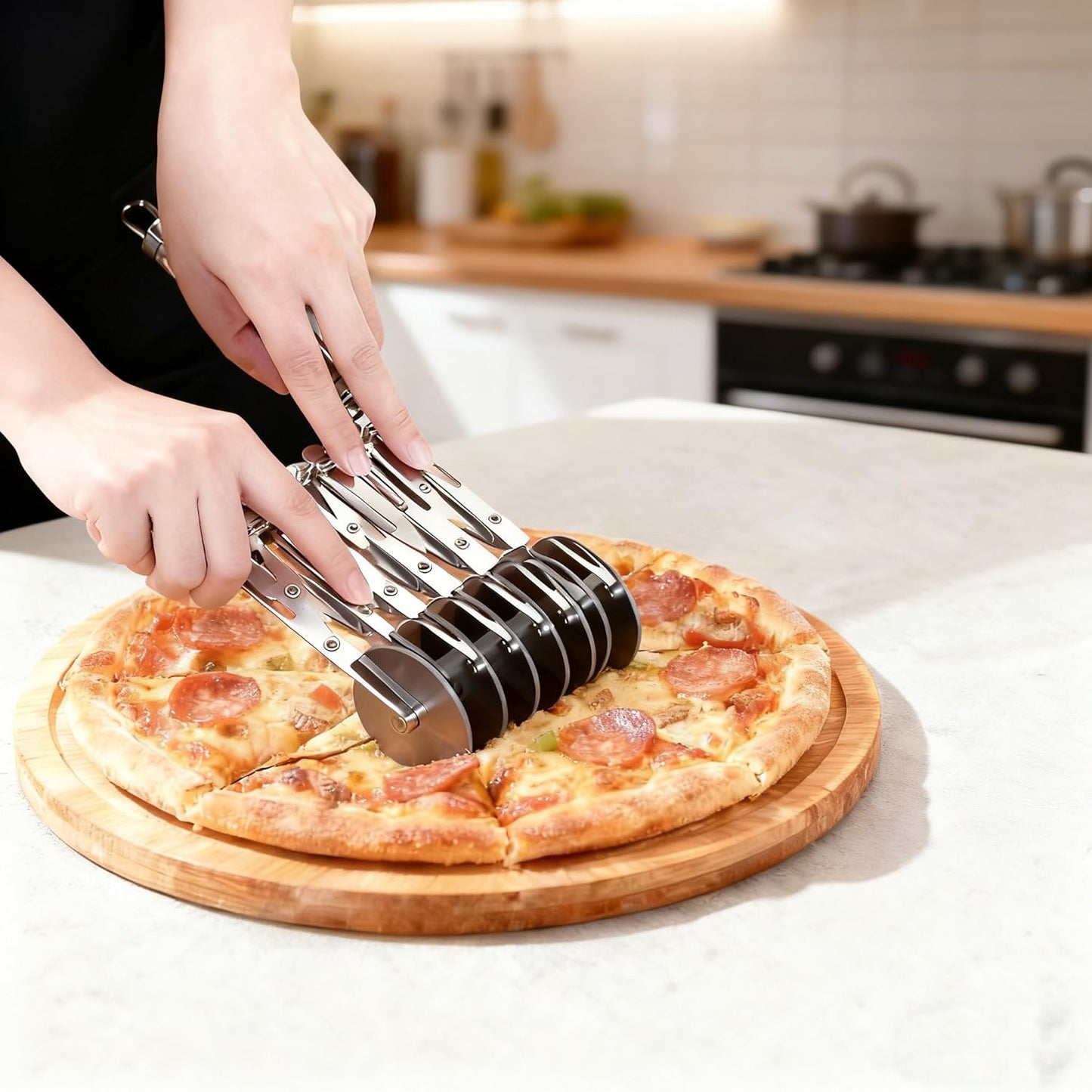 Wheel Pastry Cutter, Adjustable Pasta Cutter with Handle, Stainless Steel Dough Slicer for Noodles, Pizza, Brownies, Pie Crust, Multi-Tool for Baking & Cooking (3 Roller)