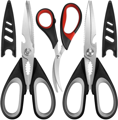 All Purpose Kitchen Shears with Protective Sheath, Heavy Duty 3 Pack Kitchen Scissors with Serrated Blade, Stainless Steel Cooking Scissors for Poultry, Food, Vegetables