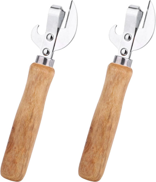 2pcs Japanese Manual Can Opener with Wooden Handle, Simple Vintage Side Cut Stab Hand Held Can Opener, Compact Efficient Old Fashioned Kitchen Tool Gadget Appliance Accessories for Tin Cap Bottles