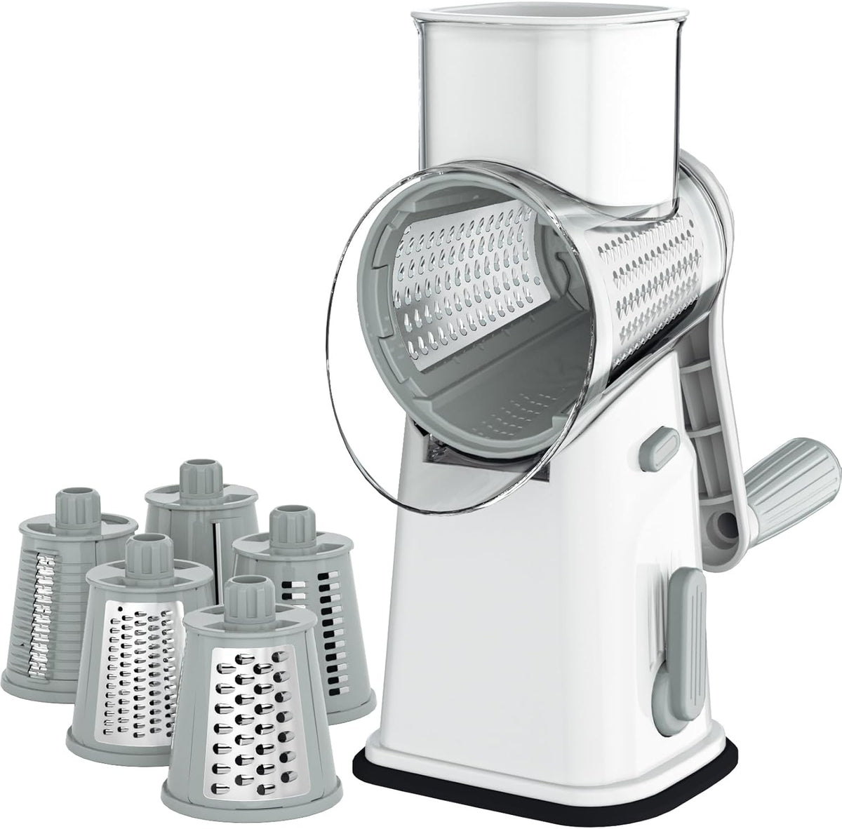 Rotary Cheese Grater Cheese Shredder with 5 Interchangeable Blades, Rotary Grater with Non-slip Suction Base Hand Crank Slicer for Vegetable Nuts White
