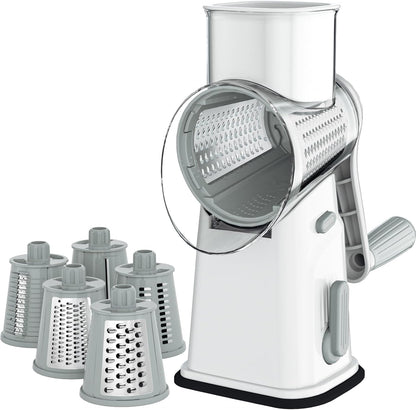Rotary Cheese Grater Cheese Shredder with 5 Interchangeable Blades, Rotary Grater with Non-slip Suction Base Hand Crank Slicer for Vegetable Nuts White