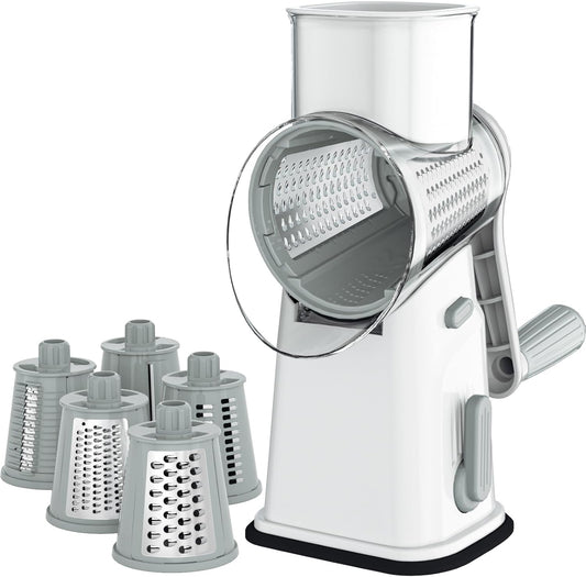 Rotary Cheese Grater Cheese Shredder with 5 Interchangeable Blades, Rotary Grater with Non-slip Suction Base Hand Crank Slicer for Vegetable Nuts White