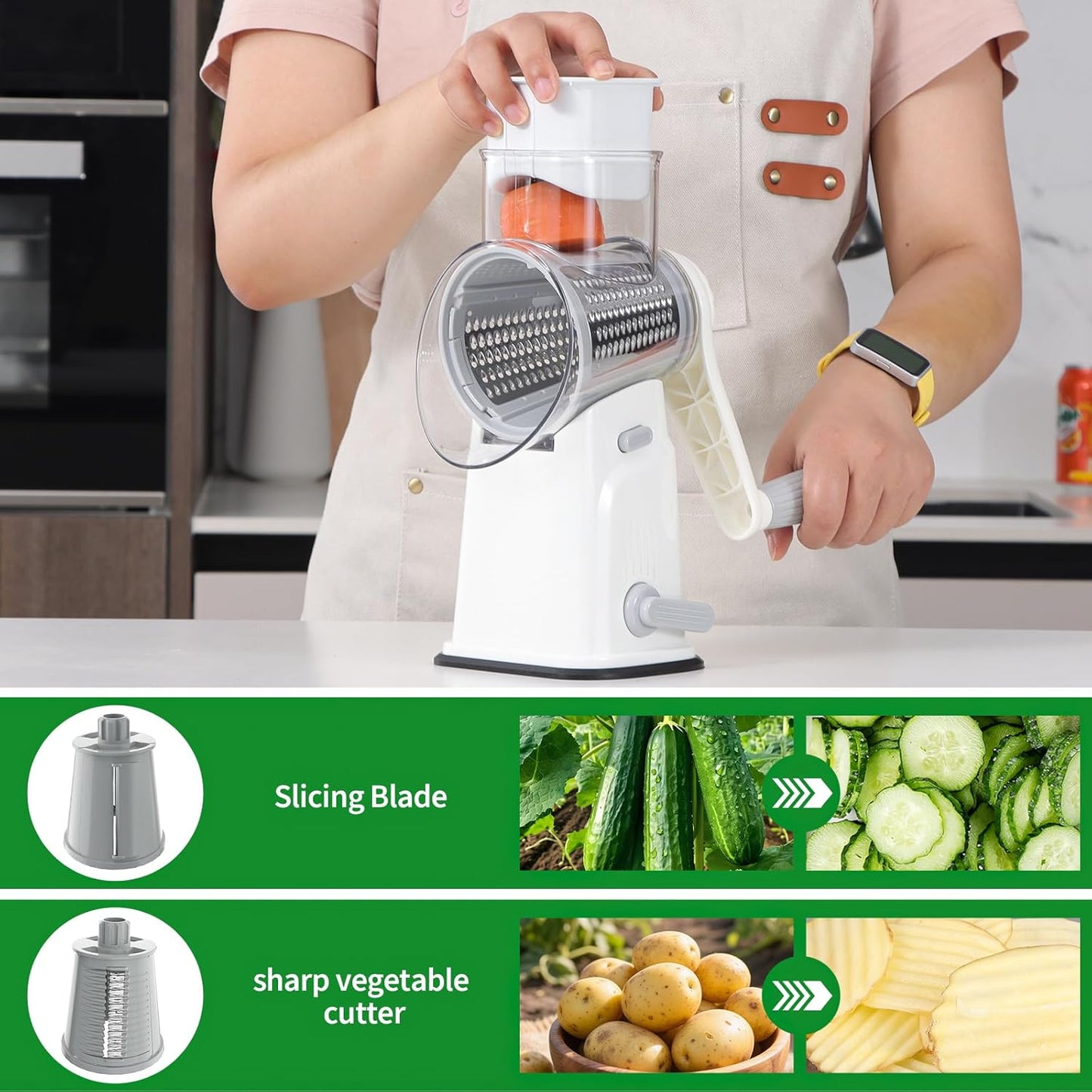 Rotary Cheese Grater Cheese Shredder with 5 Interchangeable Blades, Rotary Grater with Non-slip Suction Base Hand Crank Slicer for Vegetable Nuts White