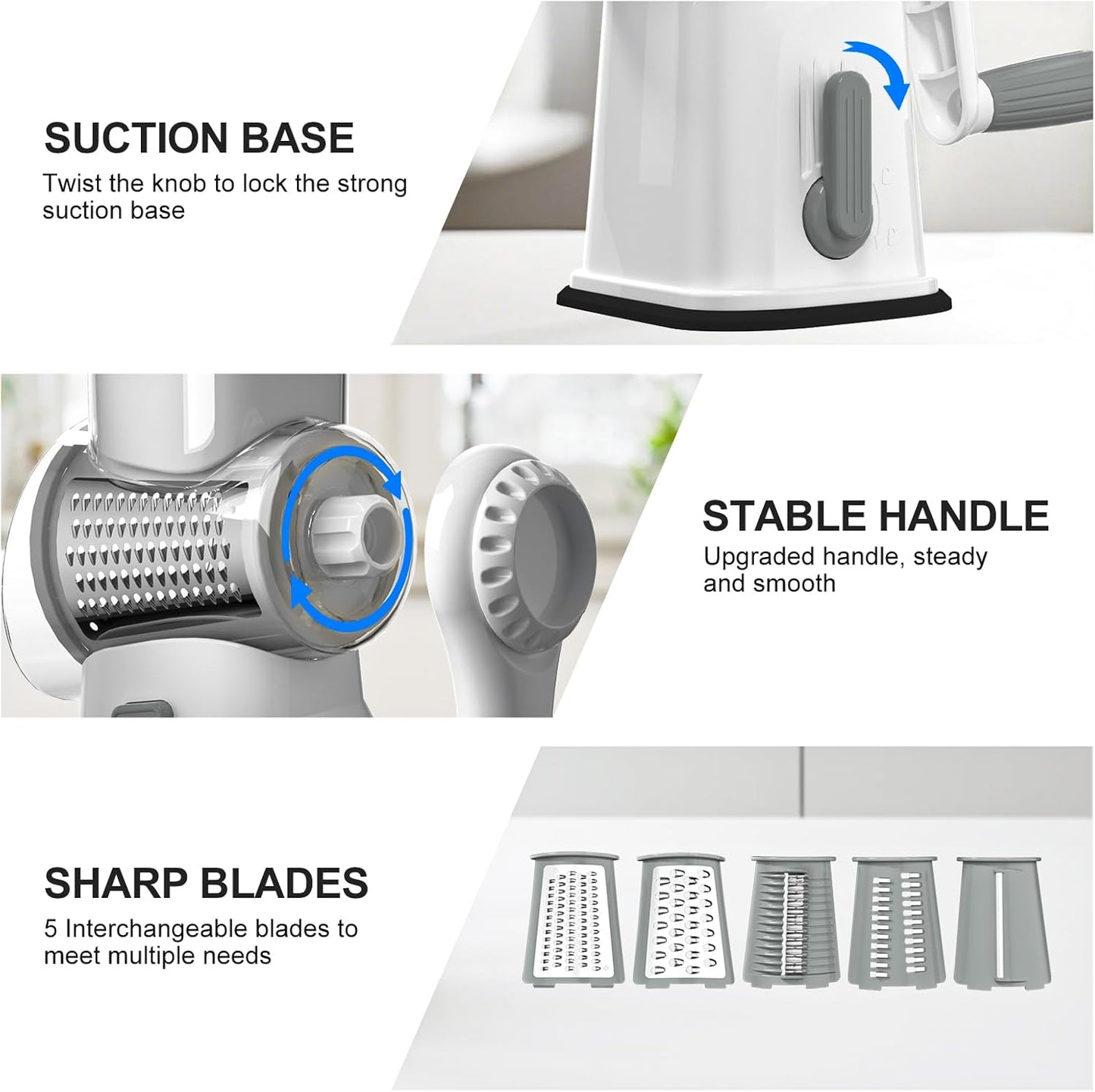 Rotary Cheese Grater Cheese Shredder with 5 Interchangeable Blades, Rotary Grater with Non-slip Suction Base Hand Crank Slicer for Vegetable Nuts White