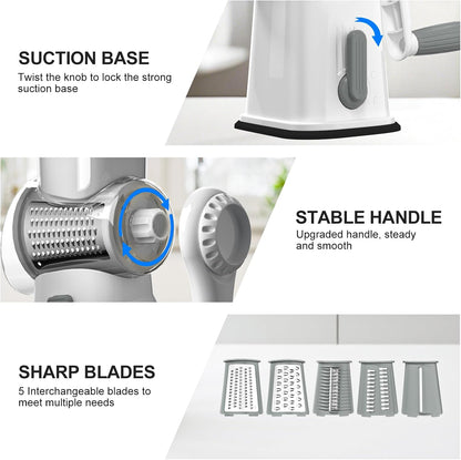 Rotary Cheese Grater Cheese Shredder with 5 Interchangeable Blades, Rotary Grater with Non-slip Suction Base Hand Crank Slicer for Vegetable Nuts White