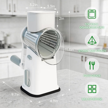 Rotary Cheese Grater Cheese Shredder with 5 Interchangeable Blades, Rotary Grater with Non-slip Suction Base Hand Crank Slicer for Vegetable Nuts White