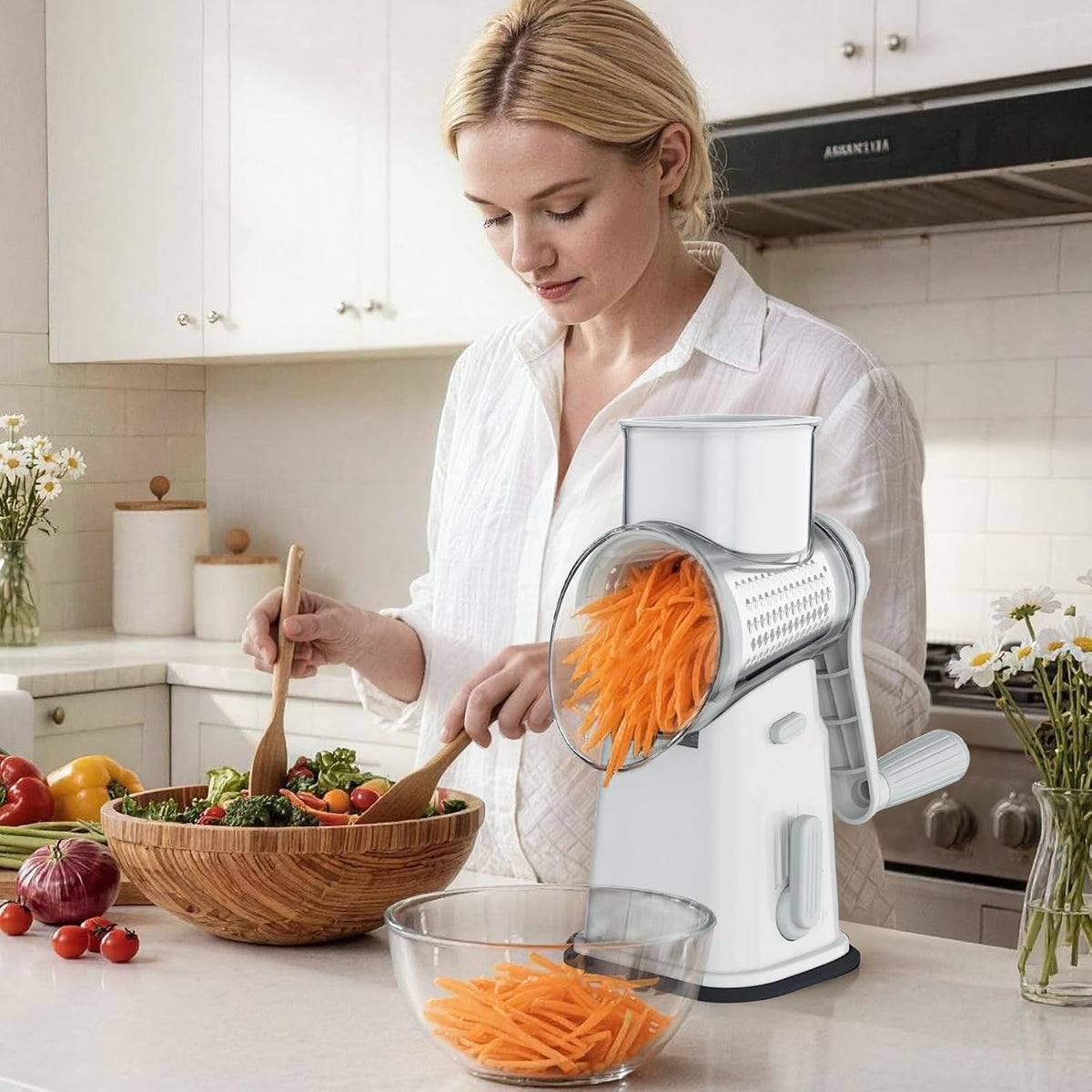 Rotary Cheese Grater Cheese Shredder with 5 Interchangeable Blades, Rotary Grater with Non-slip Suction Base Hand Crank Slicer for Vegetable Nuts White