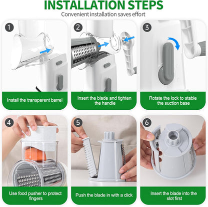 Rotary Cheese Grater Cheese Shredder with 5 Interchangeable Blades, Rotary Grater with Non-slip Suction Base Hand Crank Slicer for Vegetable Nuts White