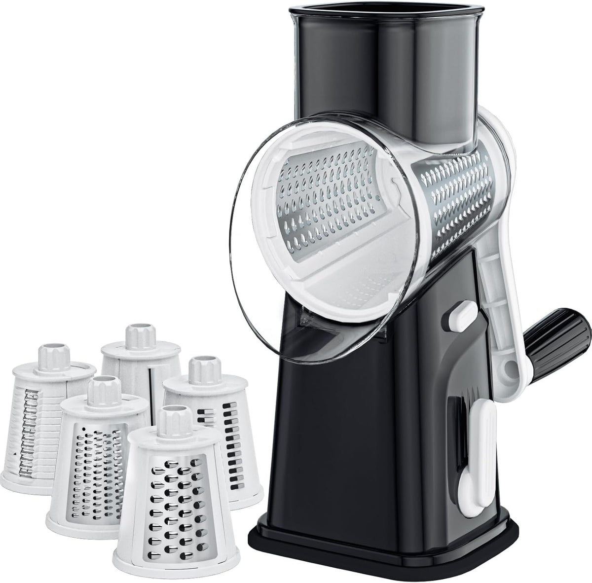 Rotary Cheese Grater Cheese Shredder with 5 Interchangeable Blades, Rotary Grater with Non-slip Suction Base Hand Crank Slicer for Vegetable Nuts White