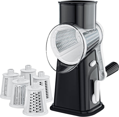 Rotary Cheese Grater Cheese Shredder with 5 Interchangeable Blades, Rotary Grater with Non-slip Suction Base Hand Crank Slicer for Vegetable Nuts White