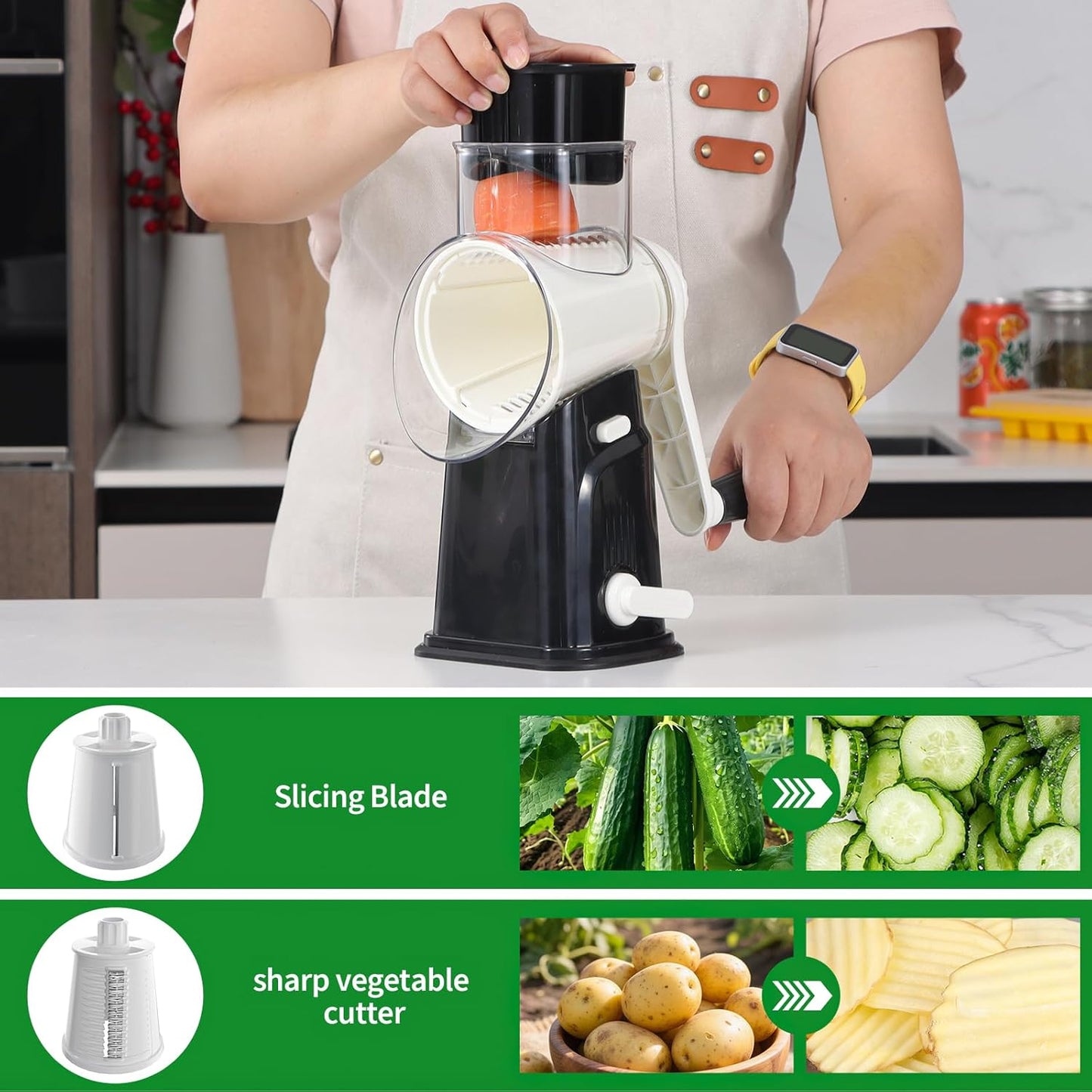Rotary Cheese Grater Cheese Shredder with 5 Interchangeable Blades, Rotary Grater with Non-slip Suction Base Hand Crank Slicer for Vegetable Nuts White
