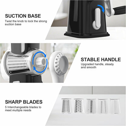 Rotary Cheese Grater Cheese Shredder with 5 Interchangeable Blades, Rotary Grater with Non-slip Suction Base Hand Crank Slicer for Vegetable Nuts White