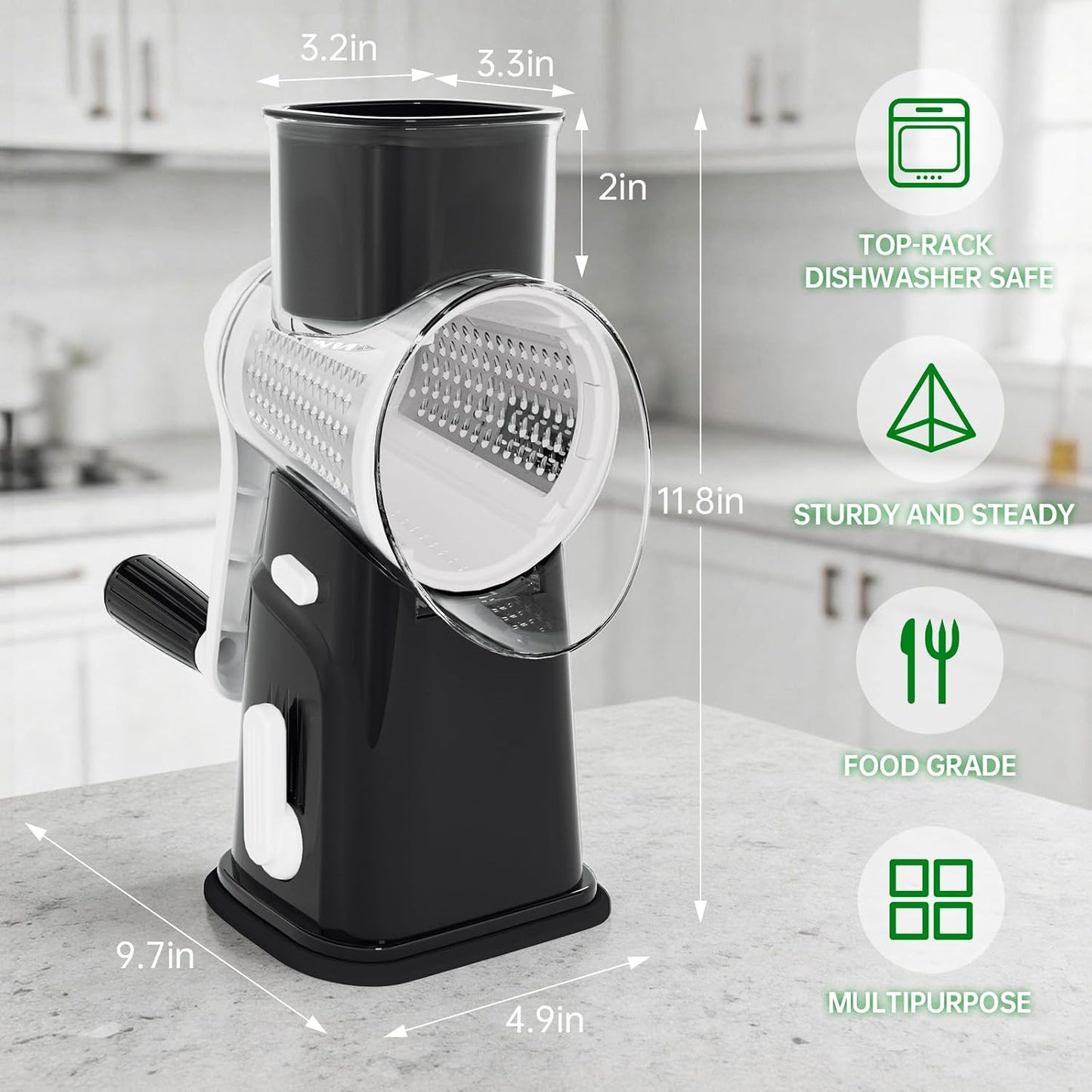 Rotary Cheese Grater Cheese Shredder with 5 Interchangeable Blades, Rotary Grater with Non-slip Suction Base Hand Crank Slicer for Vegetable Nuts White