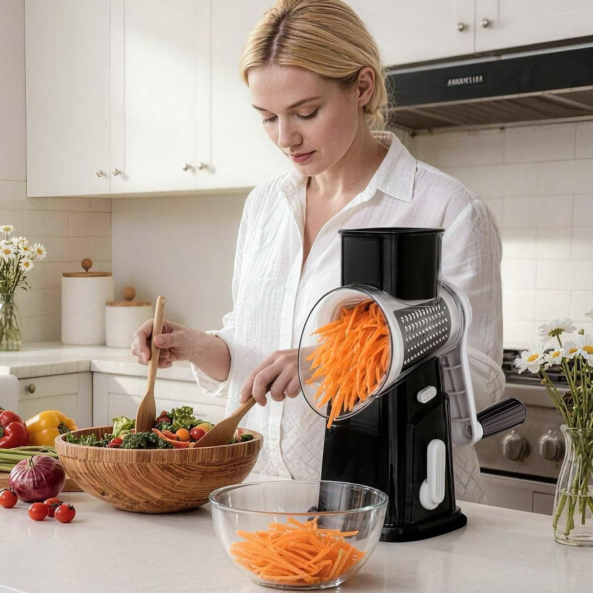 Rotary Cheese Grater Cheese Shredder with 5 Interchangeable Blades, Rotary Grater with Non-slip Suction Base Hand Crank Slicer for Vegetable Nuts White