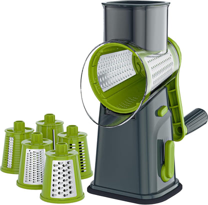 Rotary Cheese Grater Cheese Shredder with 5 Interchangeable Blades, Rotary Grater with Non-slip Suction Base Hand Crank Slicer for Vegetable Nuts White