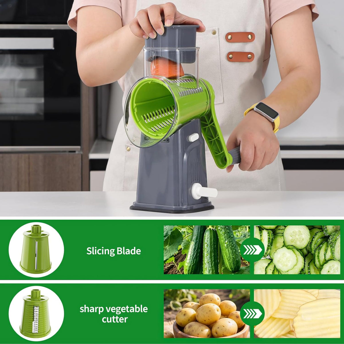 Rotary Cheese Grater Cheese Shredder with 5 Interchangeable Blades, Rotary Grater with Non-slip Suction Base Hand Crank Slicer for Vegetable Nuts White