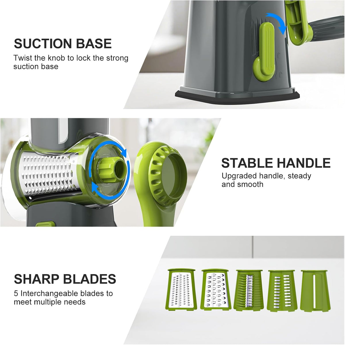 Rotary Cheese Grater Cheese Shredder with 5 Interchangeable Blades, Rotary Grater with Non-slip Suction Base Hand Crank Slicer for Vegetable Nuts White