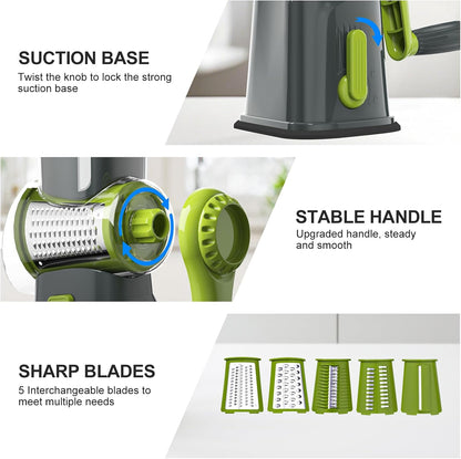 Rotary Cheese Grater Cheese Shredder with 5 Interchangeable Blades, Rotary Grater with Non-slip Suction Base Hand Crank Slicer for Vegetable Nuts White
